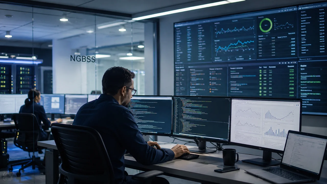 Echipă IT care monitorizează aplicații software critice într-un centru modern de suport și mentenanță
